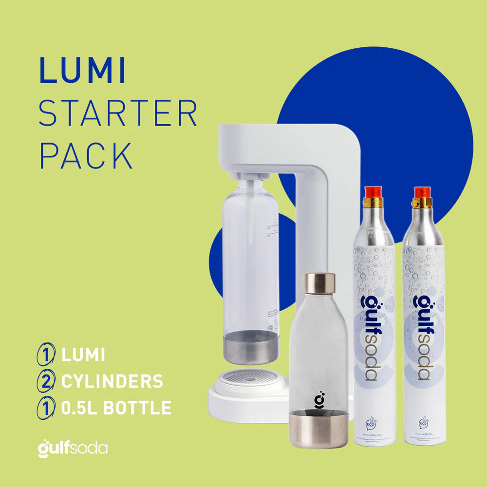 Lumi starter pack contents – soda maker, cylinders and bottle