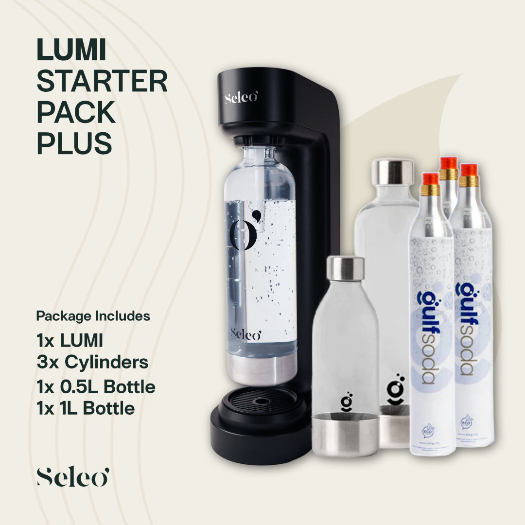 Lumi Starter Pack Plus – soda maker, 3 CO2 cylinders, 1L and 0.5L bottles, Seleo UAE