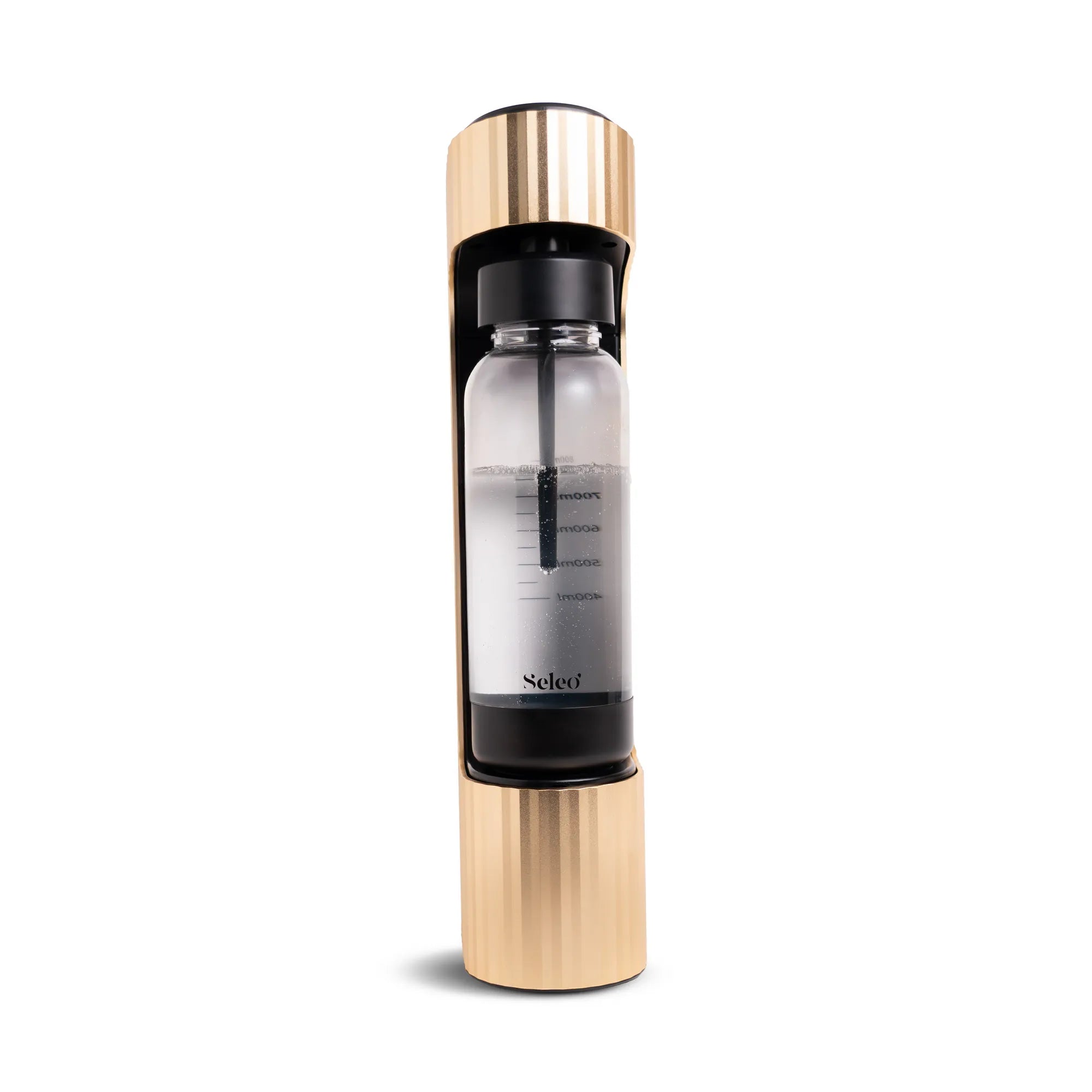 Qarbo gold soda maker with 1L bottle attached – side view