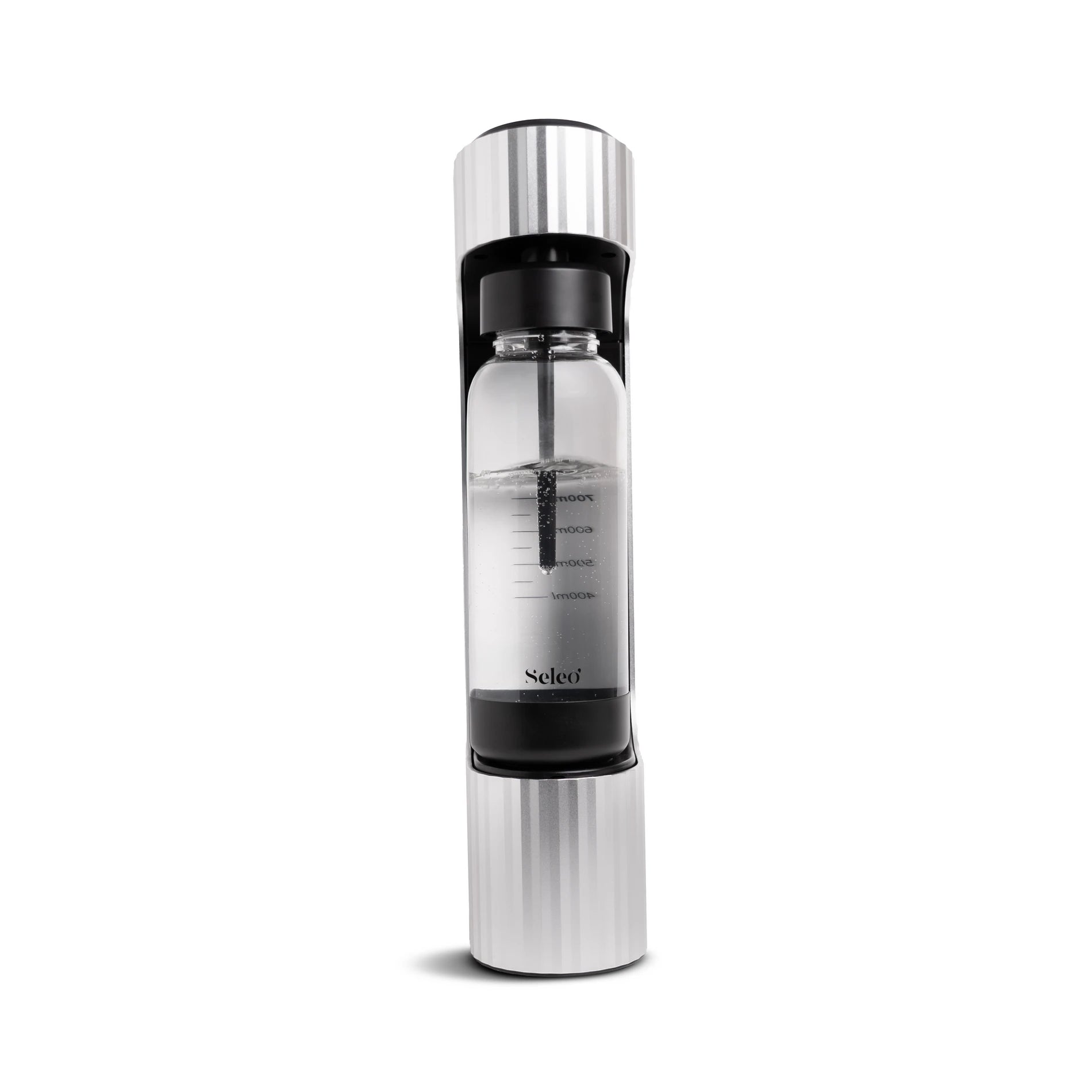 Qarbo silver soda maker with 1L bottle attached – side view