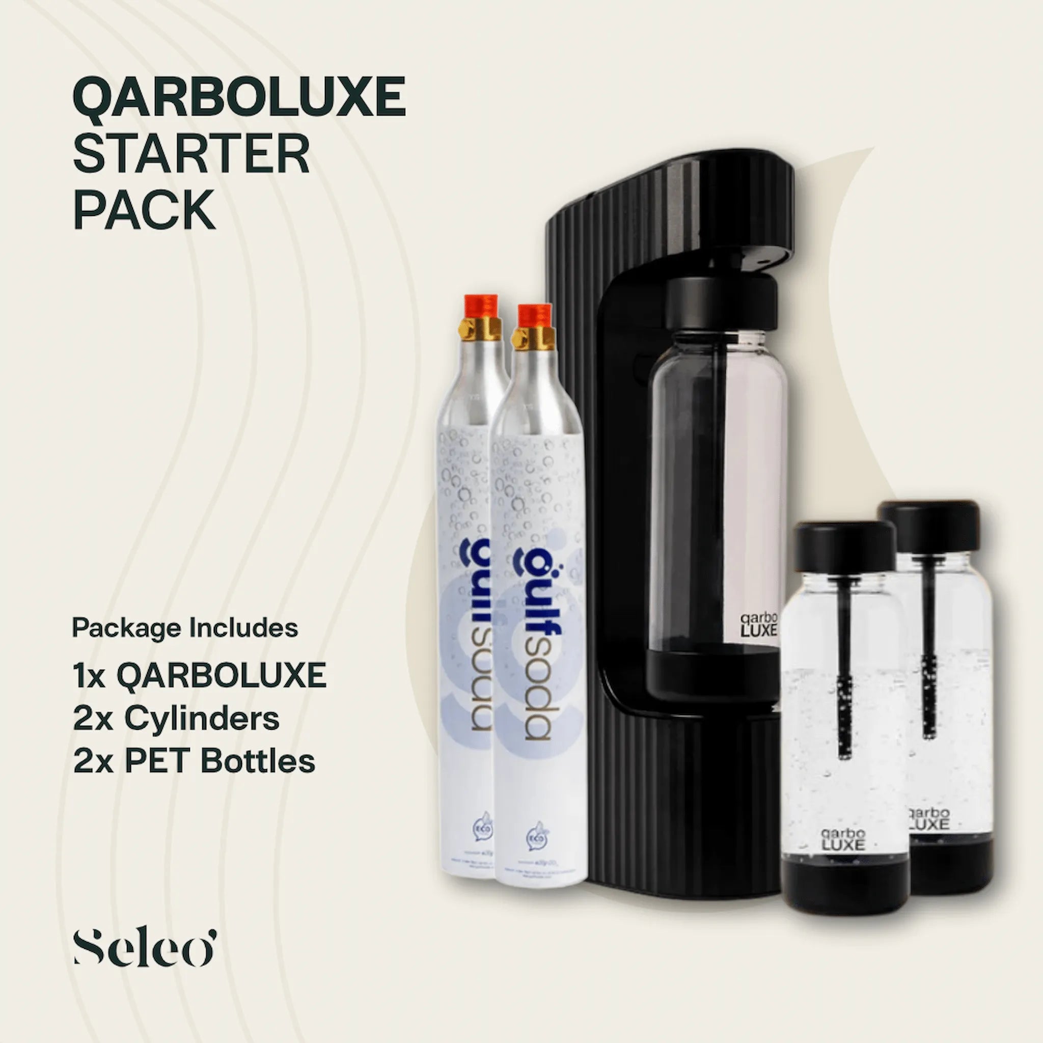 Qarbo Starter Pack – sparkling water maker, 2 CO2 cylinders and 2 PET bottles, Seleo UAE